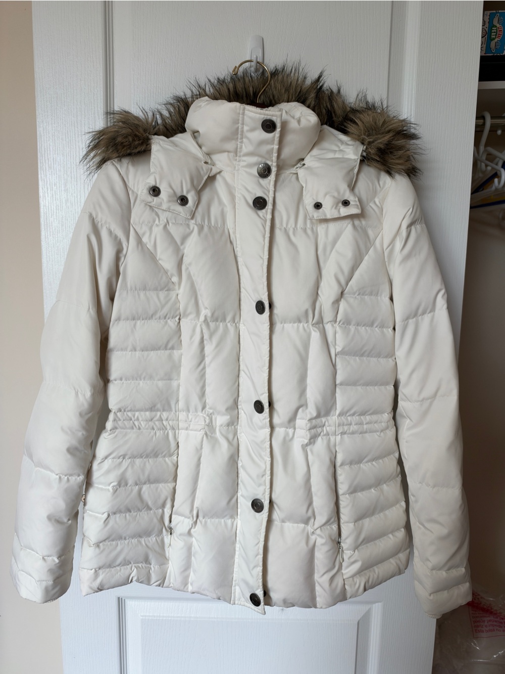 Esprit Down and Feather Cream Quilted Puffer Coat with Faux-Fur Hood